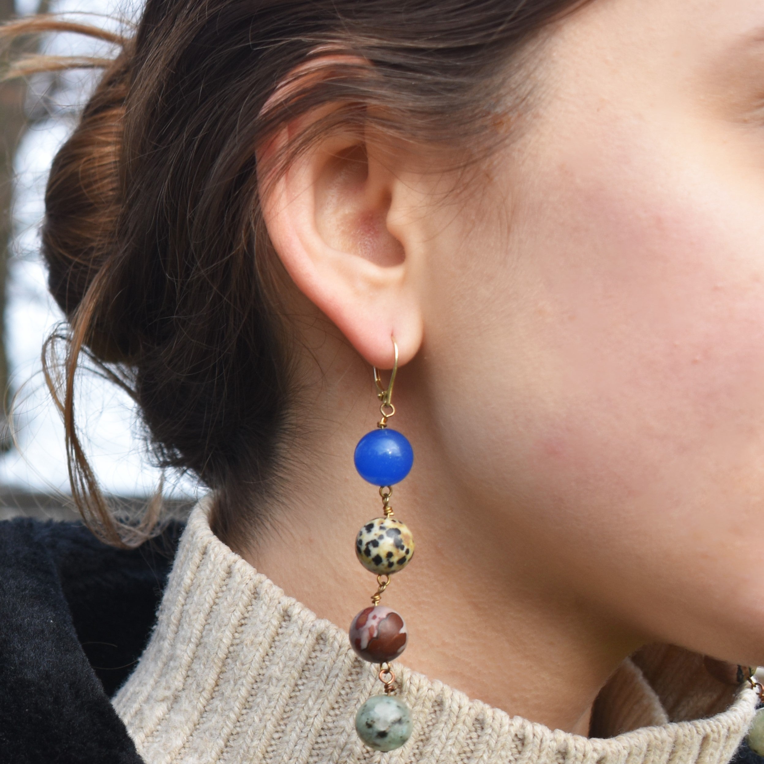 Blue Aventurine, Dalmatian Jasper, Mookaite and Sesame Jasper Yellow gold vermeil or 18k gold earrings | by nlanlaVictory