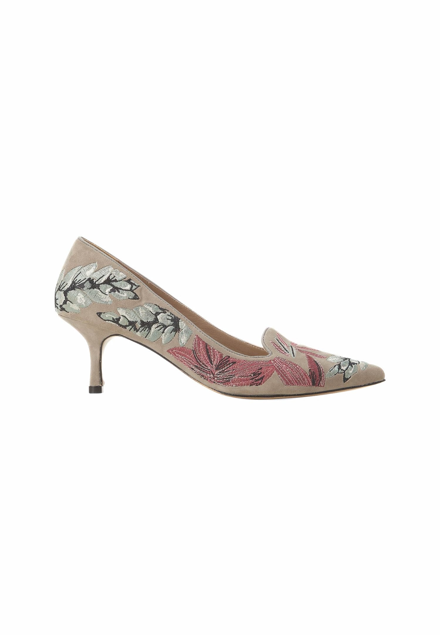 Ipê Suede Gray Pumps – 6cm Embroidered Kitten Heel