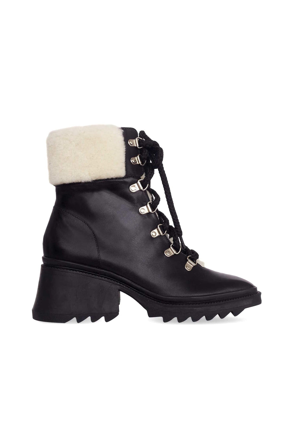 Cassia Black Calf Leather Combat Boots – 7.8cm Block Heel