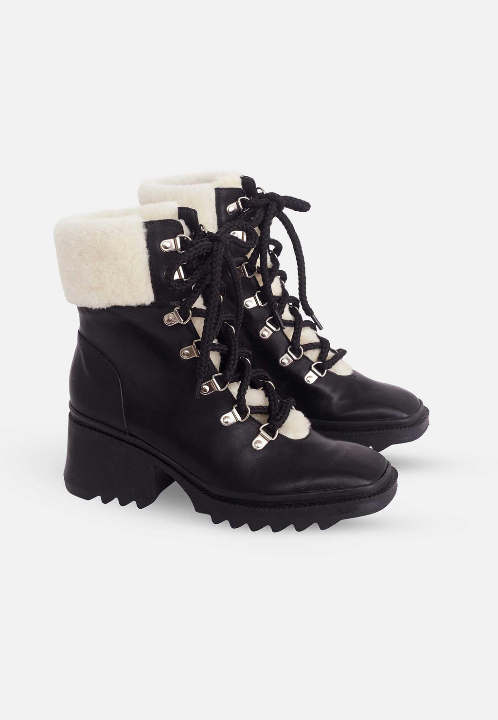 Cassia Black Calf Leather Combat Boots – 7.8cm Block Heel