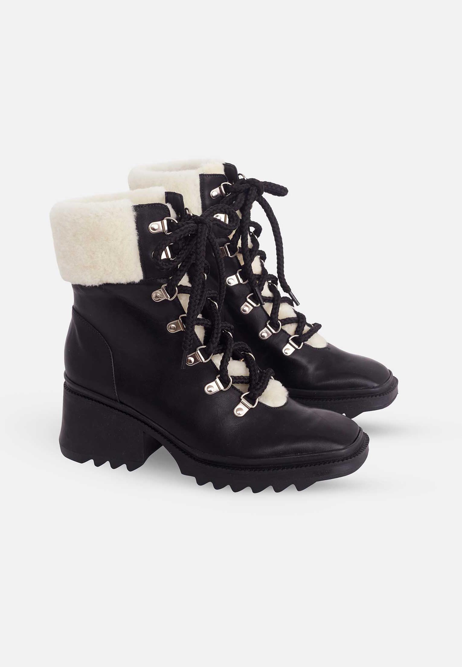 Cassia Black Calf Leather Combat Boots – 7.8cm Block Heel