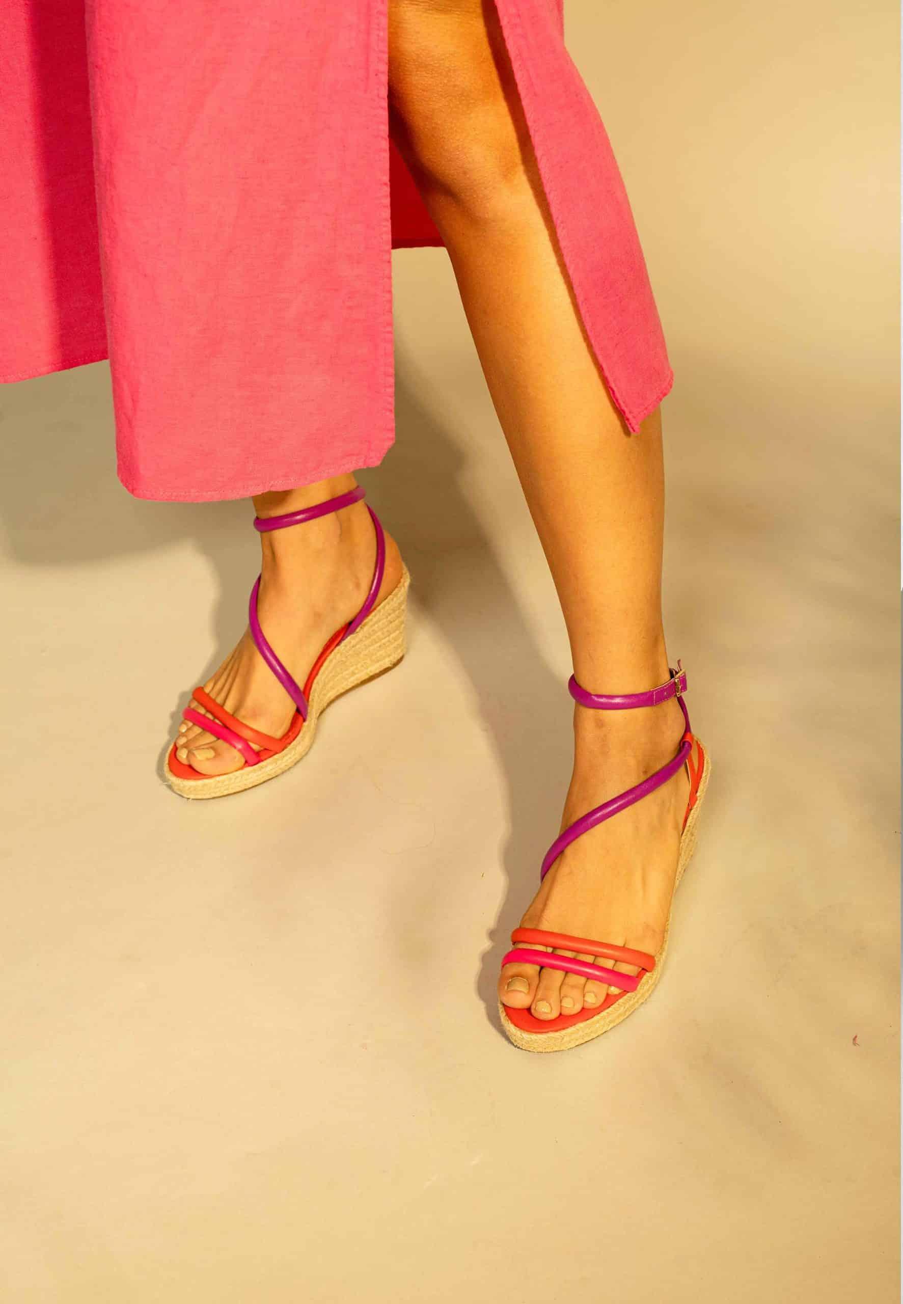 Romã Pink Leather Espadrille Wedges – Jute Platform